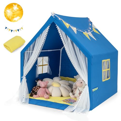 HOMASIS Kinderzelt für Indoor & Oudoor, Kinder Spielzelt mit Sternenlichtern & Matte & Fenster & Vorhang, Spielhaus Prinzessin für Jungen & Mädchen, Kinderspielhaus Tipi Zelt (Blau)