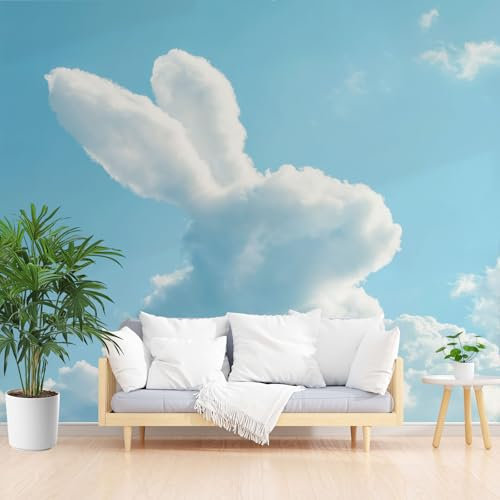 Gaqinhh Nuages Lapin Papier Peint Panoramique 400 x 280 cm (L x H), Bleu Salon Canapé Chambre Fond Décoration Murale, Papier Peint Panoramique 3D