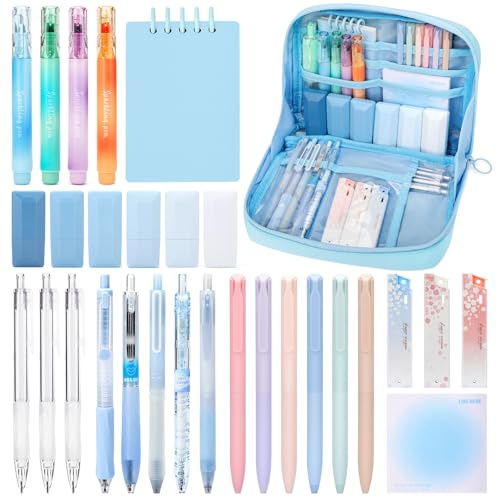 ESSALOO 30 Stück Schulsachen Aesthetic Cean Girl mit Mäppchen, 11 Gelstifte, 4 Textmarker, 3 Druckbleistifte, Stifte Federmappe Set für Teenager Mädchen, Blaue
