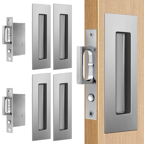 6 INCH Sliding Pocket Door Handles, 304 Stainless Steel Non Locking Pocket Door Hardware, Recessed Flush Finger Pulls, Heavy Duty Edge Pull with Pop Out Ring Pull (2, Silver)