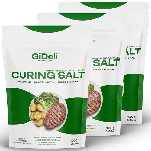 GiDeli Sal de curado 3 kg de sal de nitrito para carne, salchichas y jamón de calidad profesional, grano fino, perfecto para salazón seco y mojado (3 x 1 kg)