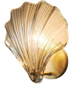 VMVUD Brass Wall lamp Nordic Shell Shape Light Clear Glass Wall Light Fixture Bedside Restaurant Stairs Aisle sconces(Warm Light,Cognac Glass)