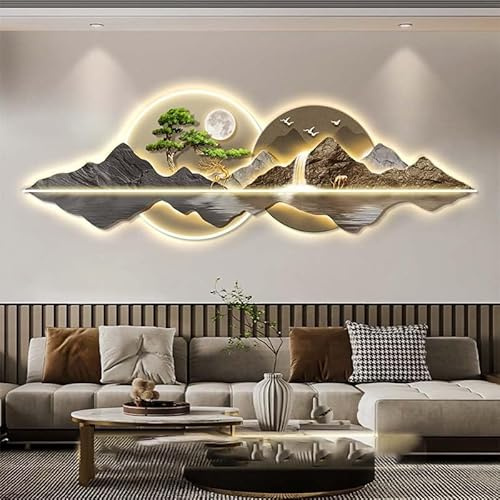 JNTFNE 3D-Wanddekoration mit LED-Licht, Sonne und Mond, Fernbedienung, beleuchtetes Wandbild, Berg und Hirsch für Wohnzimmer (A)