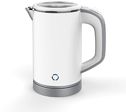Zoravson 0.8L Travel Kettle Small, Low Wattage Kettle, Compact Electric Kettles Dual Voltage 110-240V, Auto Shut-Off and Dry-Boil Protection Stainless Steel Kettles for Office,Bedroom,Caravan-White