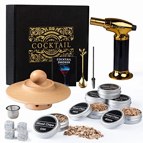 Gienxias Cocktail Smoker Kit for Whisky & Cocktails – Wooden Smoke Infuser with Torch, 6 Natural Wood Chips & Granite Whisky Stones – Home Bar Smoking Set – Butane Not Included