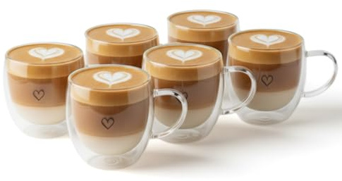 Superior Interior Cappuccino Tassen Glas Doppelwandig 6er Set 250ml - Cappuccino Gläser mit Henkel - Herz Design