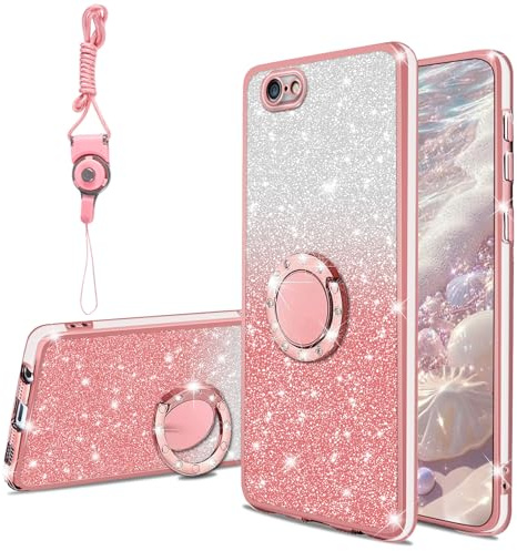 KuDiNi for iPhone 6S Case Cute Sparkle Bling Sparkly Slim Clear TPU Thin Shiny Glitter Case Women Girly, Shockproof Protection Cover with Ring Stand & Strap for iPhone 6 4.7 inch,Pink Gold