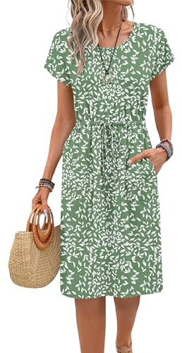 PLOKNRD Damen Sommerkleid Kurzarm Midi Kordelzug mit Taschen, Olivgn, M