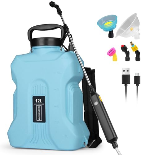 Qdreclod 12L Drucksprüher Elektrisch, Akku Gartenspritze mit Hochdruckpumpe, 2000mAh USB-Aufladbar, 4 Düsen & Teleskopstab für Garten, Rasen, Hecken, Unkrautvernichtung, Bewässerung (Blau)