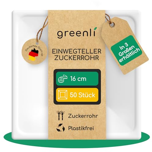 greenli® Einwegteller aus Zuckerrohr – 16 x 16 cm, 50 Stück – Plastikfrei – In 3 Größen erhältlich (16 x 16, 20 x 20, 26 x 26 cm) – Die stabile Alternative zu Papptellern