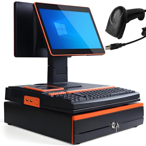 All-in-One-Smart-Kassen-POS-System, Touchscreen Kasse für Supermarkt, Kiosk & Laden – Komplett-Set mit Scanner, Kassenlade & Kundendisplay, für Kleinunternehmen, Restaurants, Einzelhandel Orange
