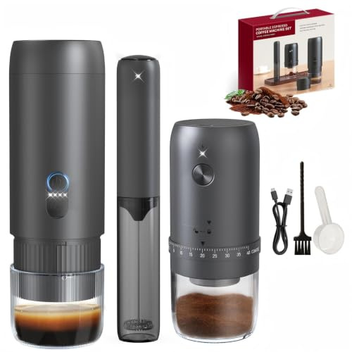 LAMA Kaffeemaschine Kaffeemühle Milchaufschäumer Set, Tragbare Kaffeemaschine Set Elektrische Espressomaschine Kapselmaschine, Kompatible mit klein Kaffeekapseln & Kaffeepulver für Camping Auto Reise
