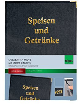 SIGEL SM101 Speisekarten-Mappe für A5, Menükarte, mit Gummi-Bindung, schwarz mit Goldprägung, strapazierfähig und leicht abwischbar