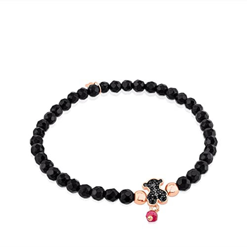 TOUS 18 Karat rosévergoldetes Armband auf Silber für Frauen mit Spinell und rubinrotem Herzmuster, behandelt mit Onyx-Gesichtsperlen, 16 cm lang, schick und trendy, Kollektion Motif
