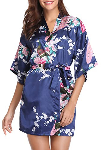 Vlazom Women Kimono Robes Satin Bathrobe Peacock and Blossoms Dressing Gown Short Silk Bridal/Bridesmaid Robe,L(UK 12-14) ,Dark Blue