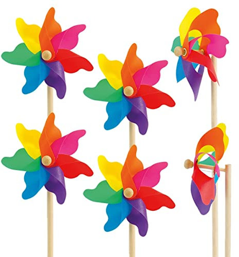 CIM Moulin 14 Rainbow Lot de 6 moulins à Vent résistant aux UV et aux intempéries – Ø 14 cm, Hauteur de Support : 32 cm – Prêt à Utiliser avec Tige
