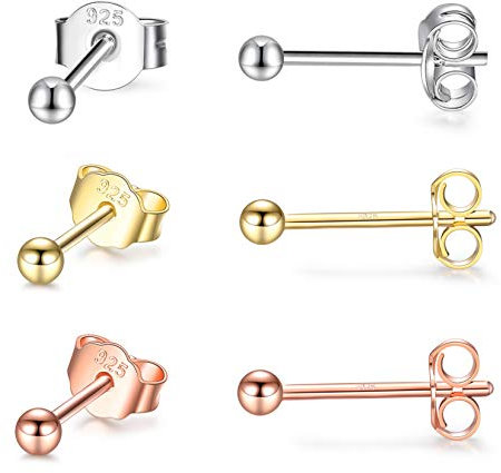 CERSLIMO Silver Stud Earrings for Women Men Girls, 3 Pairs Sterling Silver Tiny Ball Stud Earrings Small Dot Studs Dainty Cartilage Tragus Sleeper Earrings Set (2mm, Silver/Gold/Rose Gold)