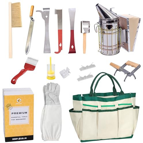 BeeCastle 14-teiliges Imkerwerkzeug-Starter-Set, Bienenhaltungszubehör, alle Bienenstock-Werkzeug-Set mit Organizer-Tragetasche und Imkerhandschuhen für Anfänger und professionelle Imker