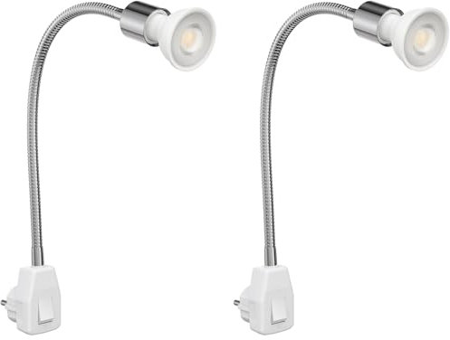 ledscom.de 2 Stück Steckdosenlampe LESCH Leselampe Schwanenhals, Schalter, Chrom inkl. GU10 LED Reflektorlampe 5,558W 535lm 30° weiß