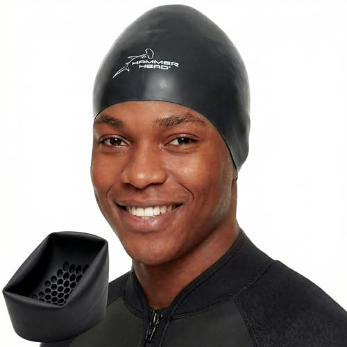 Hammer Head Swim Cap for Safety and Speed with Honeycomb Impact Technology - Reduce Frontal Drag - One Year No-Rip Guarantee (Black, Large)
