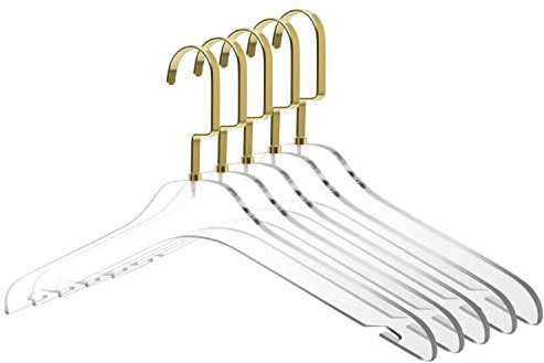 Hochwertige Kleiderbügel aus transparentem Acryl – 5 Stück, stilvoller mit goldenen Haken für Kleid, Anzug Schrank-Organizer Erwachsene platzsparende (goldener Haken, 5)