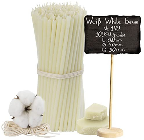 №140-100 Stk. Weiße Bienenwachskerzen-Kollektion: Traditionelle Stab- und Haushaltskerzen, Ritualkerzen sowie farbige Wachskerzen ein Set für Rituale L-16 cm Ø-5,0 mm, 30 Min Brenndauer