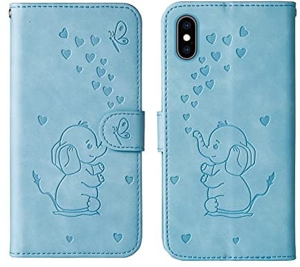Bartern Flip Case for iPhone X/iPhone XS,Cute Elephant PU Leather Folio Flip Wallet Phone Case Cover with Card Holder Magnetic Closure and Stand Feature for iPhone X/XS,Blue