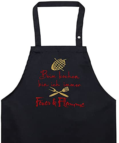 EXPRESS-STICKEREI BBQ Grillschürze - Lustige Kochschürze für Grillfans - Verstellbare Latzschürze für Männer/Frauen - Küchenschürze mit Spruch Beim Kochen bin ich immer Feuer & Flamme