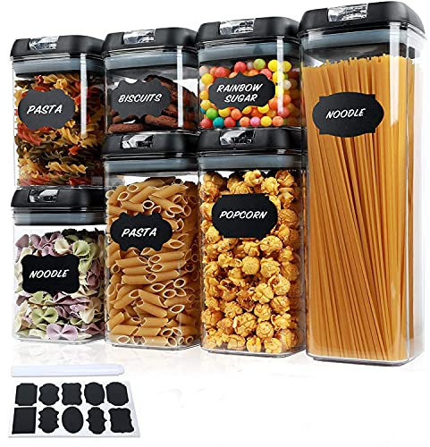 Taylor & Brown 7pc Clear Airtight Food Storage Container Set with 10 Labels & 1 Marker - Kitchen & Pantry Containers - Ideal for Flour, Cereal, Spaghetti, Pasta & more, Black