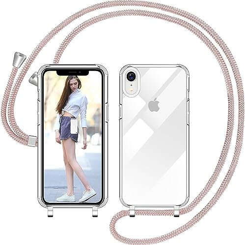 Nupcknn Coque avec Cordon pour iPhone XR, Transparent Coque Collier Réglable Téléphone Étui Portable Lanyard Case Protection Complète Cover de iPhone XR(Or rose 1)