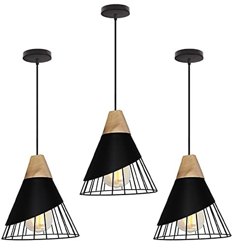 TOKIUS 3 pezzi Lampada a sospensione Design E27 Industriale Lampada da soffitto Moderna Legno e Metallo Lampadari e Plafoniere Interni Ø25cm Per Cucina Camera da letto Sala Da Pranzo