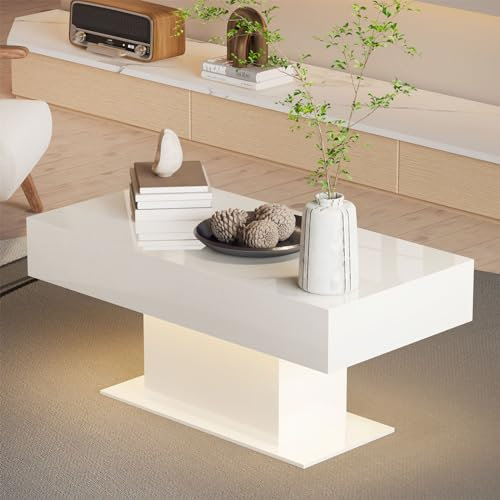 KEEPREAPER Modern White Coffee Table for Living Room, Living Room Table Rectangular Center Table, High Glossy Wooden Coffee Tables with 16 Colors LED Lights for Dining Reception Room
