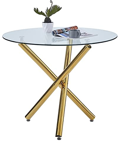 paonne Round Glass Dining Table with Gold Legs Contemporary Glass Round Kitchen Table with Tempered Glass Top and Metal Legs for Home Kitchen, Restaurant, Apartment and Small Space (90 x 90 x 75 cm)
