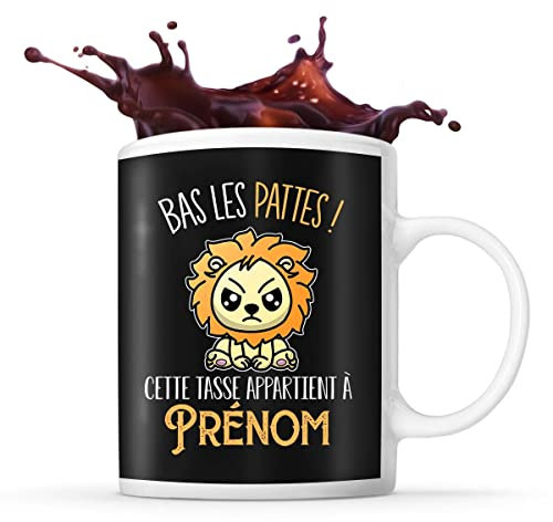 Planetee Tasse Prénom personnalisable Lion bas les pattes| Mug café ou thé idée cadeau personnalisé drôle et original pour collègue de travail famille et amis