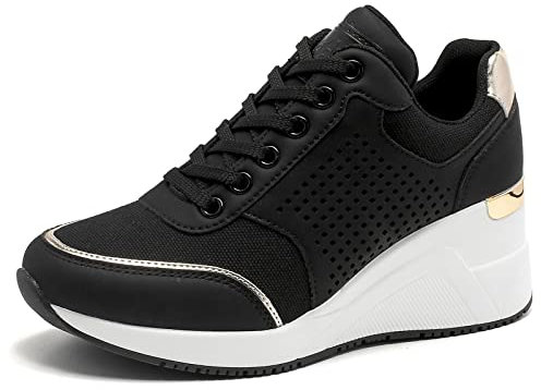 Cestfini Damen Keilsneaker, Keilabsatz Sneaker, Plateau Schnürschuhe, Casual Wedges Turnschuhe für Alltagskleidung,Schwarz Gold,41