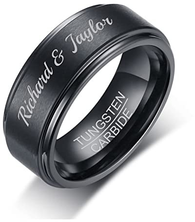 FLHEART Personalisierter Wolfram Ring: Individuell Aus Schwarzem Wolframkarbid für Herren - Ehering, Versprechen, Verlobung für Ihn, Ehemann, Freund - 8mm Gravur Namen