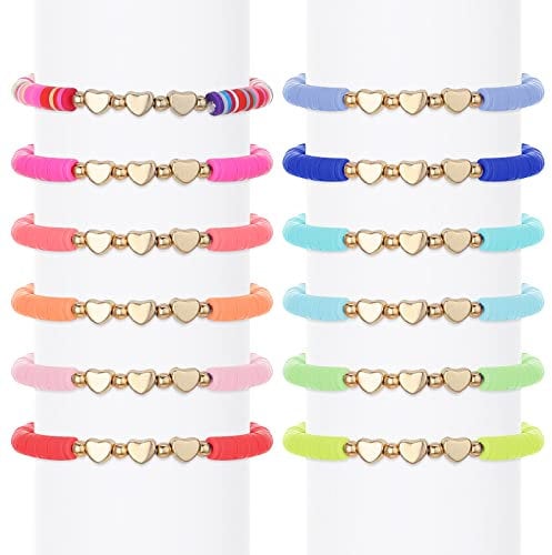 Thinp Colorful Kids Bracelets, 12 Pieces - Flat Beads, Letter Heart, Evil Eye, Cute & Inspirational Designs for Girls, Women & Men - Adjustable Party Accessories