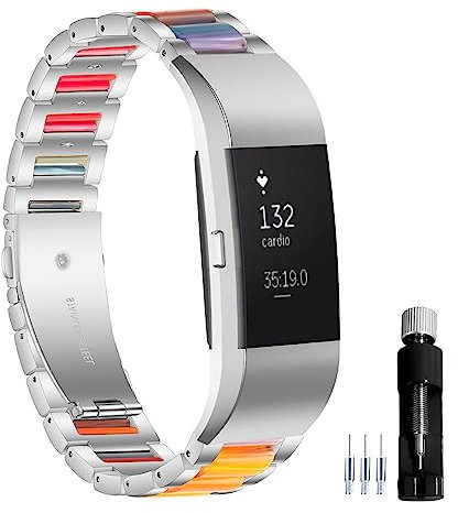 Gheper Bracelet de montre en résine et acier inoxydable compatible avec Fitbit Charge 2/Charge 2HR Smartwatch Bracelet de rechange en métal pour homme et femme