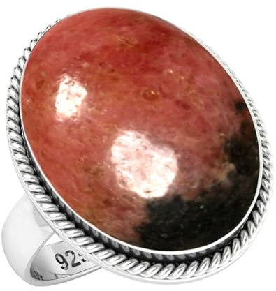 Jeweloporium 925 Sterling Silber Ringe für Frauen Natürlich Pink Rhodonite In Black Manganese Edelstein Handgefertigt Silber Ringe Größe 67(21.3) Muttertag Geschenk Mode Schmuck