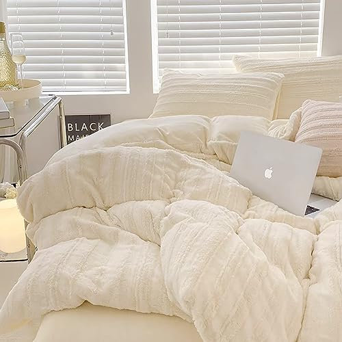 AShanlan Plüsch Bettwäsche 155x220 Winter Warme Flauschig Cashmere Touch Bettbezug Teddy Fleece Winterbettwäsche Set mit Reißverschluss und Kissenbezug 80x80 cm Creme Weiß