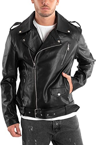 Giubbotto Uomo Chiodo Ecopelle Nero Tinta Unita Casual Manica Lunga (Nero 1, L)