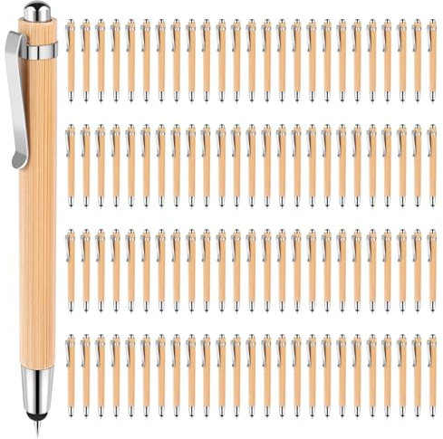 NIZEAMI 100 Stück Kugelschreiber mit Stylus-Spitzen für Touchscreens, einziehbarer Bambus-Kugelschreiber, 1,0 mm schwarze Tinte, Geschenkstifte zum Schreiben von Schul- und Bürobedarf