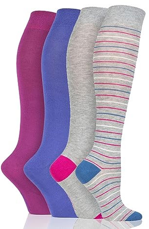 SockShop Ladies Bamboo Kneehigh Socks - Knee High Soft Breathable Cooling Socks with Smooth Toe Seams, Plain & Striped Size 4-8 Many Colours 4 Pair Multipack Neon Lights/Silver Glow 4-8