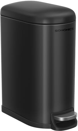 SONGMICS Bathroom Bin, 10L Small Bin with Lid, Pedal Toilet Bin, Slim for Small Spaces, Steel, Soft Close, Ink Black LTB010B02