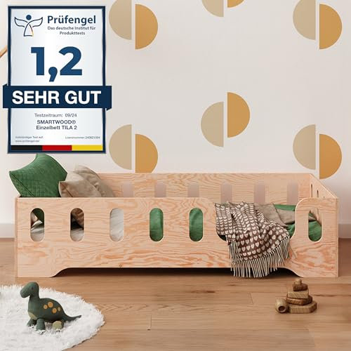 smartwood Bodenbett 70x140 Montessori Kinderbett aus Holz mit FSC-Zertifikat TILA 2P mit Rausfallschutz & Lattenrost bis 230kg belastbar - Einfache Montage
