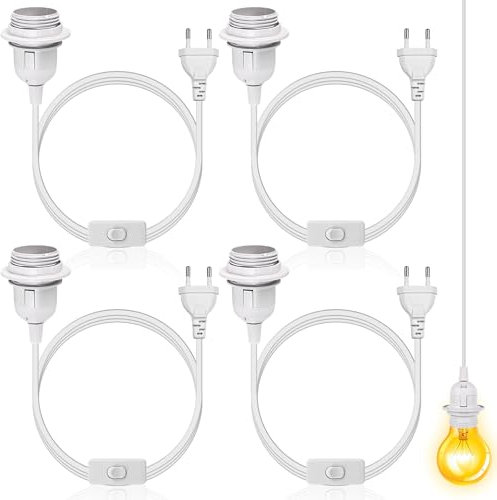 Leikurvo Lot de 4 douilles E27 avec interrupteur et prise européenne, douille de lampe E27 avec câble 3 m, interrupteur à vis, adaptateur de prise, support de lampe pour cuisine, salon, bureau,