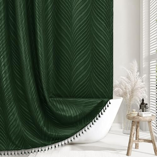 Siiluminisoy Extra langer dunkelgrüner Boho-Duschvorhang, gewebter Stoff, niedlicher Duschvorhang, 72 x 78 cm, getuftete Blätter, strukturiert, gestreift, modern, Bauernhaus, minimalistisches Tuch für