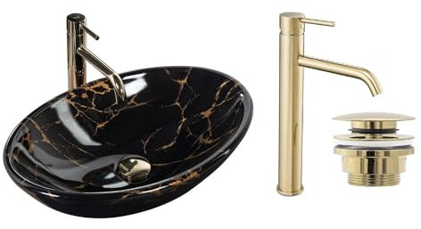 GTM Design Aufsatzwaschbecken Glanz Set mit Waschtischbatterie und Stopfen - Aufsatzwaschbecken Oval für Badezimmer - Modern Waschbecken ohne Hahnloch - Waschbecken mit Armature - Modell 1