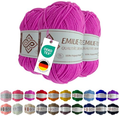 Emilie-Textil Premium Polyacryl-Garn 3X100g 20 Farben OEKO-TEX zertifiziert für Babys/Allergiker, Garn zum häckeln und stricken (3, Pink)