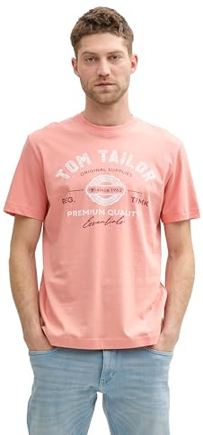 TOM TAILOR Herren 1037735 T-Shirt aus Baumwolle mit Logo-Print, 12642-Hazy Coral Rose, S